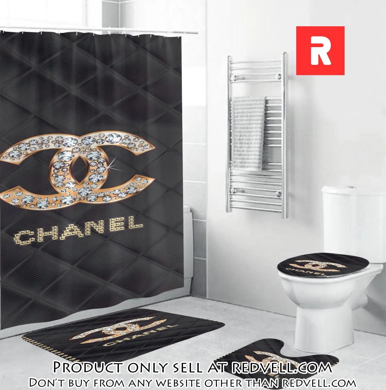 Coco chanel golden logo with full of diamonds in argyle background bathroom set shower curtain rv3718265